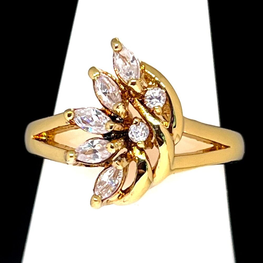 Vintage 1970s Ring Size 9 CZ Cluster Marquise Prong Set Gold Plated - 14I